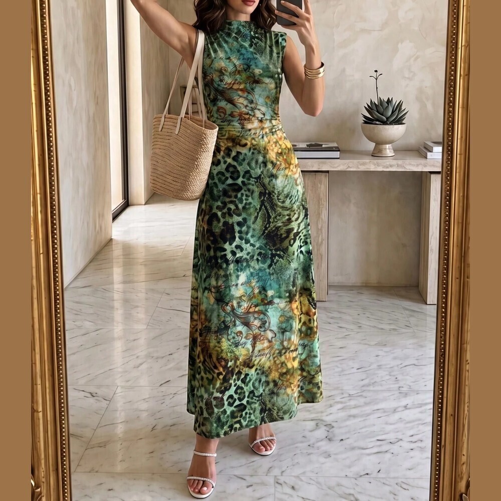 Brown Green Abstract Leopard Print Knit Stand Collar Sleeveless Maxi Dress